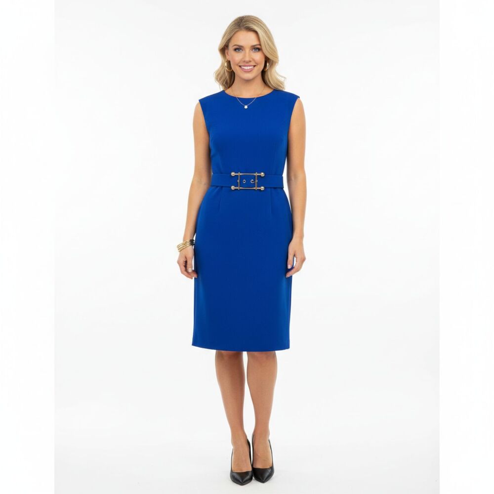 Milly Blue Sleeveless Belted Vintage Short Sleeve Career Dress 10